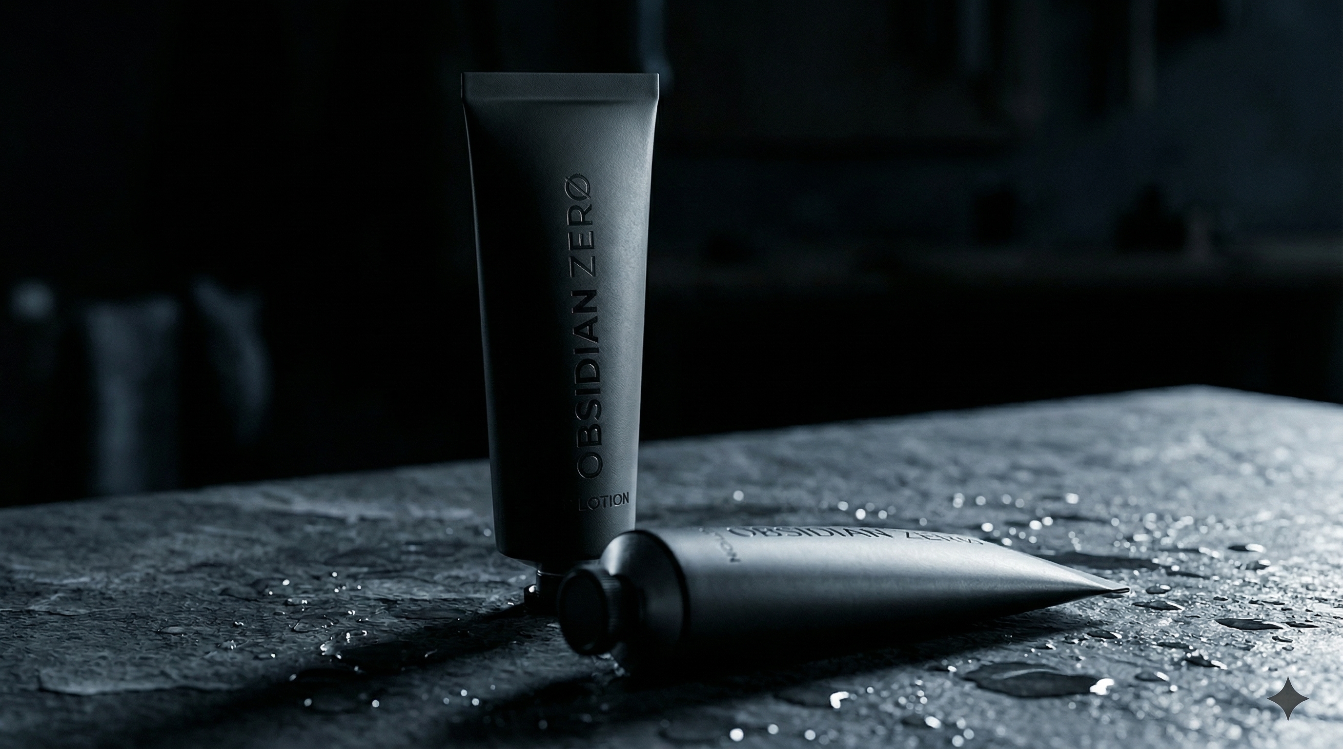 Men's skincare products arranged on a minimal dark bathroom counter